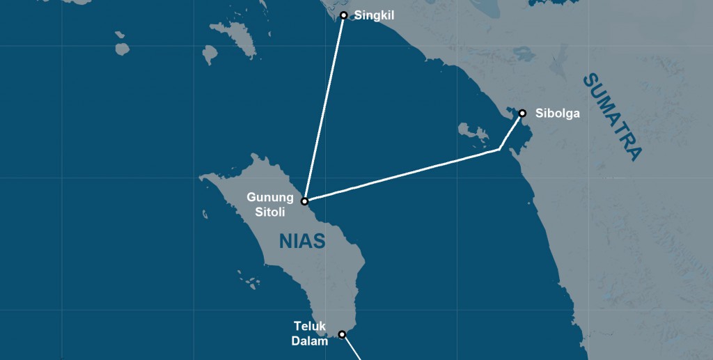 Ferry services from mainland Sumatra to Nias Island. There is also a smaller ferry between South Nias and Telo Islands