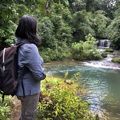 Hiking in the interior of Nias Island. Luaha N'droi waterfall, Alasa, North Nias.